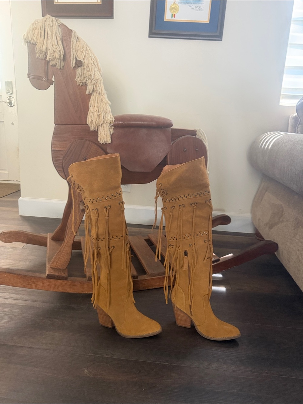 dingo Tan Fringe Over-the-Knee Suede Boots